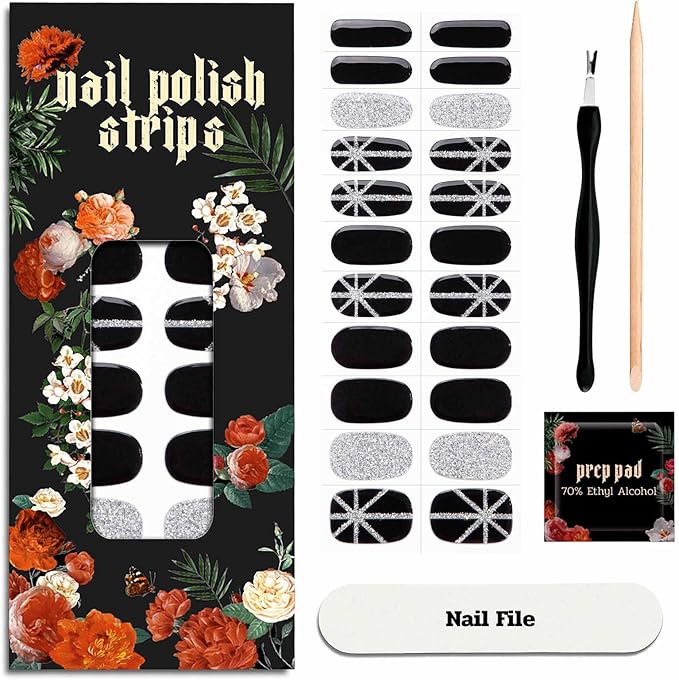 Nail Polish Strips - 22 Pcs Salon Quality Gel Nail Stickers - Long Lasting Wraps (Saint Black Glitter)
