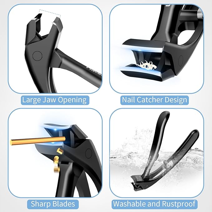 Toenail Clippers for Seniors Thick Toenails, Angled Head Toe Nail Clippers for Men Large with Wide Jaw Opening, Heavy Duty Sharp Fingernail Clipper Cutter with Catcher & Long Handle, Black