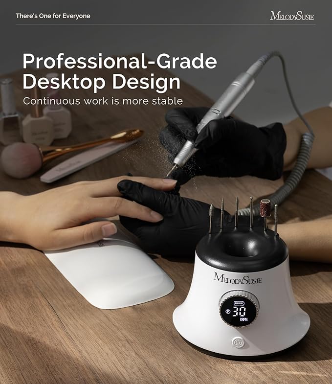 MelodySusie Rechargeable Desktop Nail Drill,Professional 30000RPM Electric Nail File for Acrylic & Gel Nails Removal,SC320G Cordless E-File Machine with LED Display for Manicure Salon & Home,White
