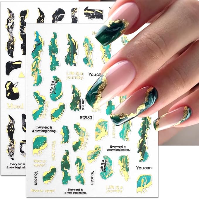 3D Marble Nail Stickers - 6 Color Marble Decals, Blooming Nail Art, Bronzing & Watercolor Smudge Resistant, Self-Adhesive Gold Foil Designs