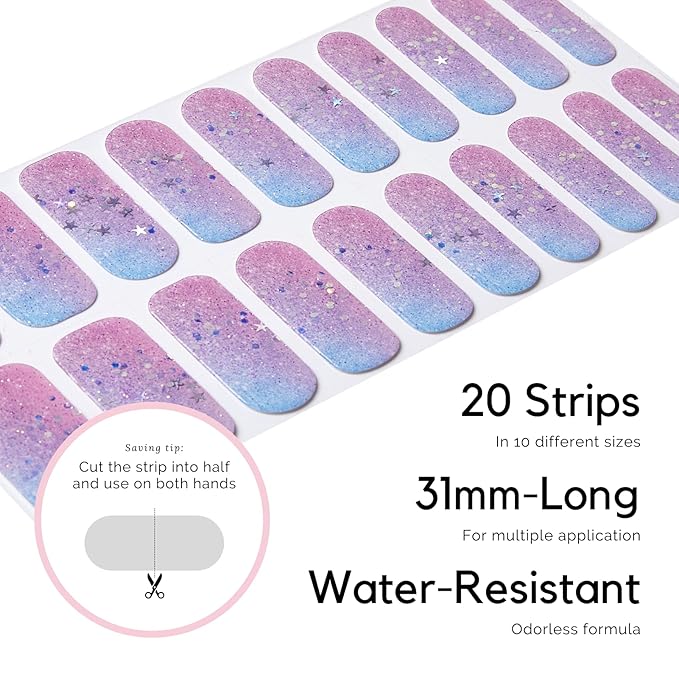 NAILOG Semi Cured Gel Nail Strips 20 Pcs | Buy 2 Get 1 UV Lamp | Extra Long Nail Wraps with Glossy Finishing | Star Kisses