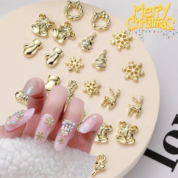 30Pcs Christmas Nail Charms and Gems 3D Metal Alloy Nail Rhinestone Jewelry Design Winter Christmas Tree Socks Snowflakes Elk Candy Gold Nail Art Charms for Women DIY Xmas Nails Decoration Supply