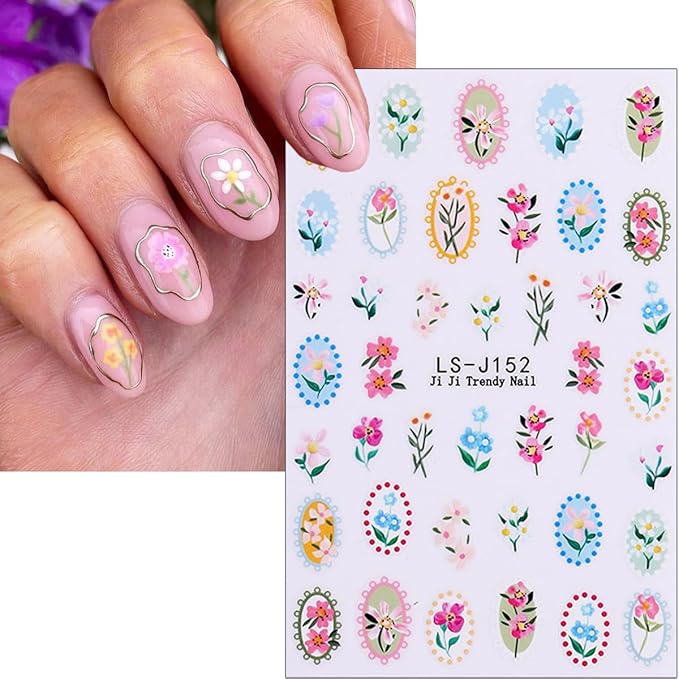 6Pcs Summer Flower Nail Stickers 3D Self Adhesive Fruit Nail Decals Cute Daisy Strawberry Tulip Blueberry Cherry Design Summer Nail Art Stickers Fruit Floral Nail Art Supplies for Women Manicure Decor