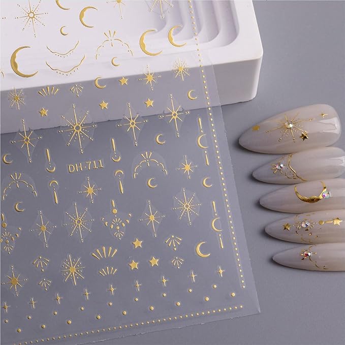 2 Sheets 3D Nail Stickers Star Moon Nail Art Decals Gold Silvery Nails Supplies Self-Adhesive Manicure Supplies for Women