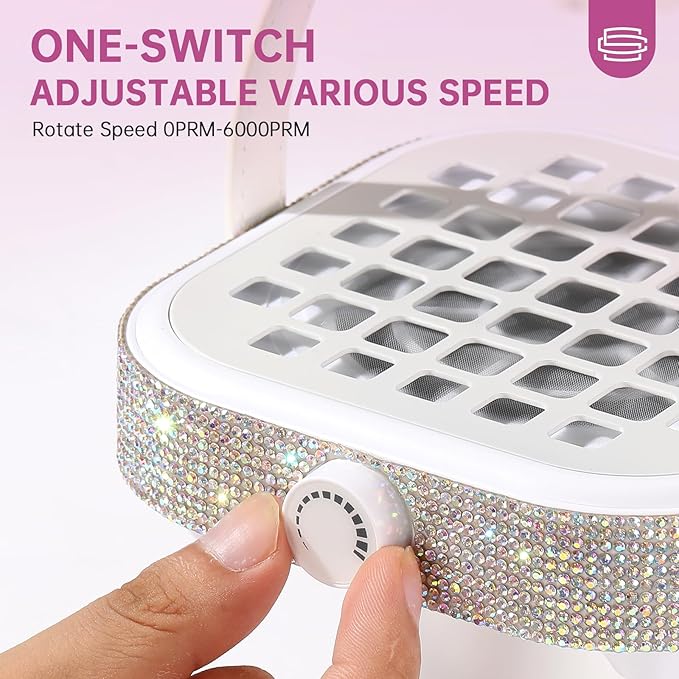 Nail Dust Collector, Mini Bling Crystal Diamond Compact 6000RPM Powerful Vacuum Fan Vent Dust Collector Extractor Dust Suction Machine for Acrylic Nails Polishing, Fast Charging