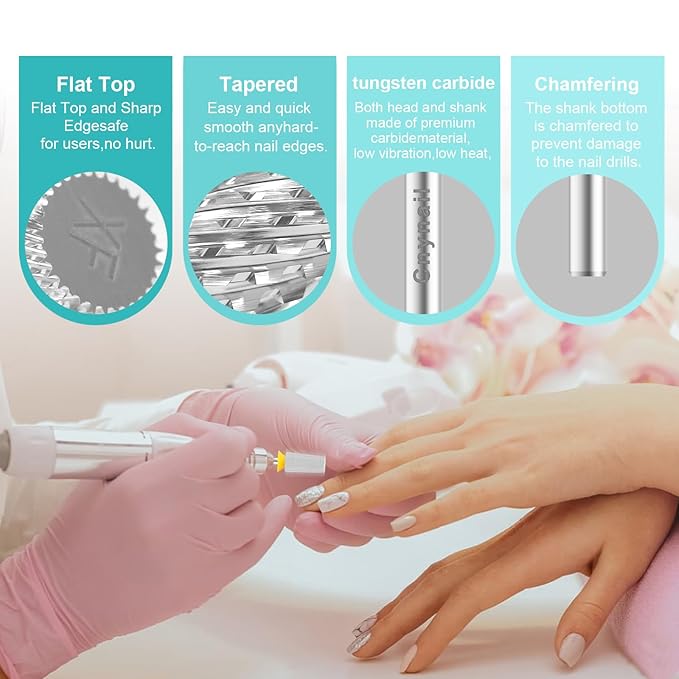 3/32" Large Tapered Barrel Flat Bit Tungsten Carbide Nail Drill Bit Safety Bit for Gel & Acrylic Removal, 2- Way Rotating Efile Tip, Salon Electric File Accessory (XF Girt, Silver)