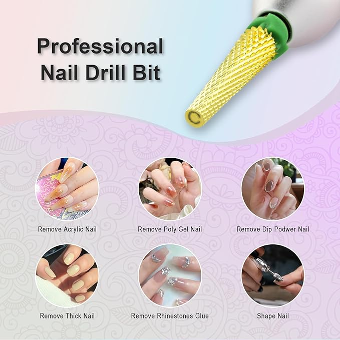 Depvko Super Long 5 in 1 Nail Drill Bits, 3/32'' Carbide Tungsten Bits, Two Way Rotate Professional Advanced Safety Bits for Nail, Fast Remove for Manicure Pedicure (Long 5in1-Gold, Coarse-C)