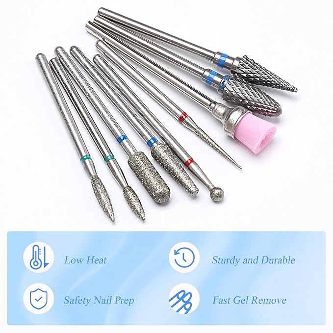 Nail Drill Bits Set, 9PCS Cuticle Cleaner & Carbide Bits for Acrylic Nails, Manicure Pedicure Remover Tools, Professional Nail Salon Supplies, fresas para drill nails - 3/32" Shank
