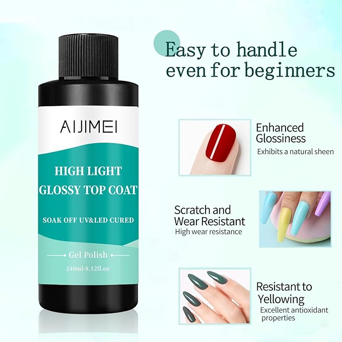 AIJIMEI 240ml High Shine Glossy Top Coat for Nails Long Lasting, Smooth TopCoat, High Light Glossy Top Coat for DIY Nail Art Use Enhance Your Manicure with Brilliant Reflection 8 Fl Oz