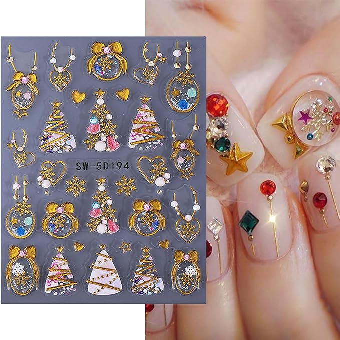2 Sheets Christmas Nail Stickers for Nail Art Gold Snowflake Ball Nail Art Stickers Embossed Snow Christmas Tree Nail Decals 5D Self-Adhesive New Year Red Bow Xmas Wreath Nail Design Decals for Women