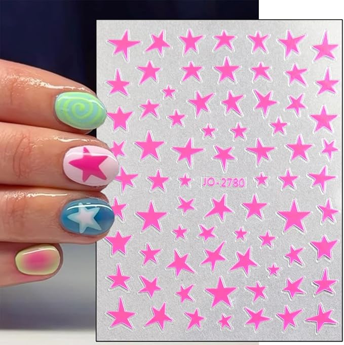 6Pcs Star Nail Stickers 3D Self Adhesive Glitter Stars Nail Decals Shiny Gold Silver Black White Pink Blue Stars Nail Design Sticker Holographic Cute Nail Art Stickers for Women DIY Manicure Supplies