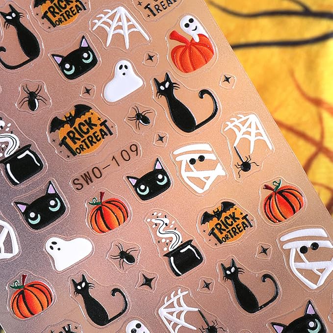 Halloween Nail Art Stickers Decals 3D Cute Ghost Black Cat Halloween Nail Stickers 4PCS Pumpkin Spider Web Skeleton Flower 3D Embossed Nail Decals Manicure Sliders for Women Nail Art Decorations