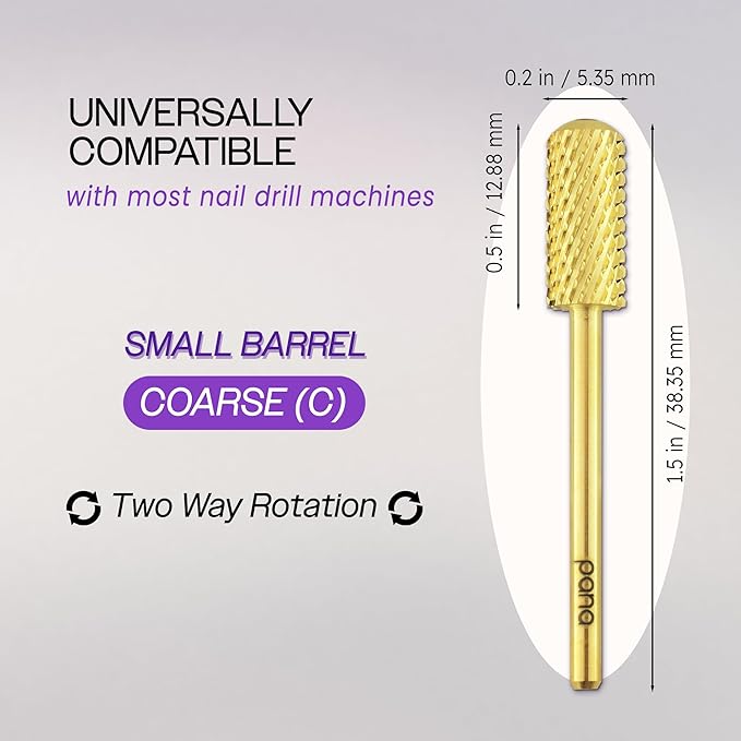 PANA 3/32" Small Smooth Round Top Safety Carbide Nail Drill Bit for Gel Polish & Acrylic Removal Nail Salon Manicure Pedicure Electric File Tools (Small Barrel - Gold, Coarse)