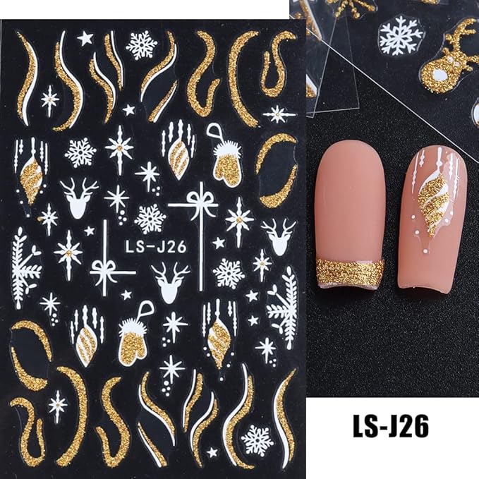 8 Sheets Christmas Glitter Nail Art Stickers Decals Self-Adhesive Pegatinas Uñas Holiday Gold Silver Reindeer Line Snowflake Nail Supplies Nail Art Design Decoration Accessories