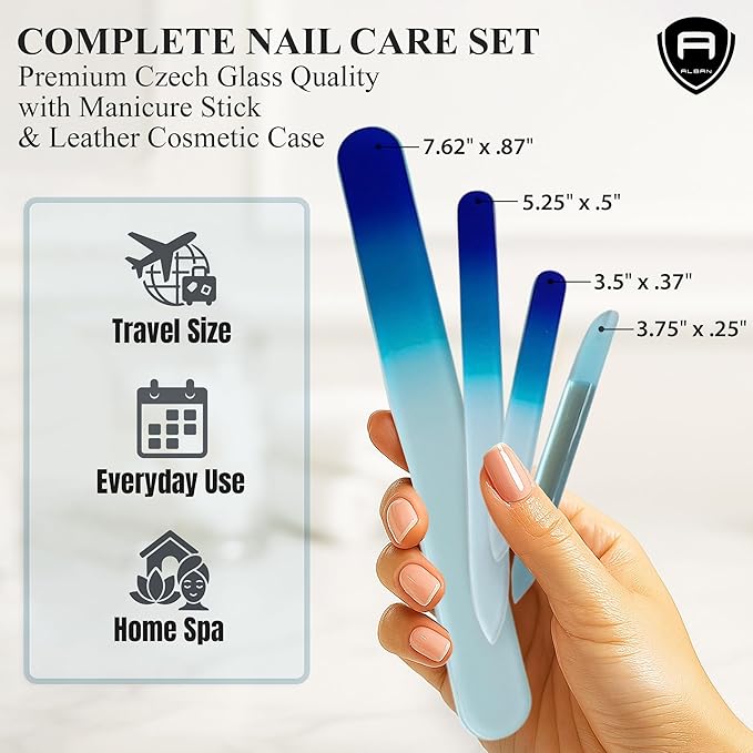 Alban Czech Glass Nail File Set with Manicure Stick & Vegan Leather Cosmetic Case (Royal Blue Nail Files, Light Blue Manicure Stick & Cosmetic Case)