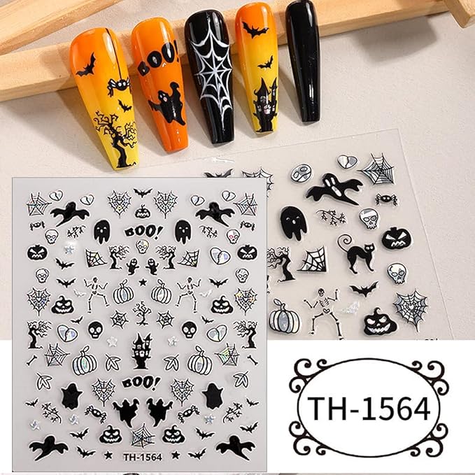 6 Sheets Halloween Bat Spiders Nail Art Stickers Black White Ghost Nail Decals Pumpkin Spider Web Skull Design Goth Nails Sticker Halloween Nails Decoration for Women DIY Holiday Manicure Supplies