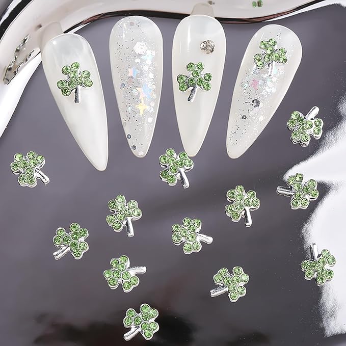 20Pcs Shamrock Nail Charms and Gems 3D Metal St Patricks Nail Charms with Diamond Design Irish Clover Nail Rhinestone Charms Alloy Green Charms Decoration for Women Girls