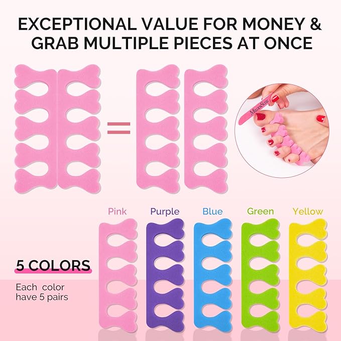 MelodySusie 50 Pcs Sponge Toe Separators Set, Soft & Premium Finger, Toe Spacers for Nail Polish, Manicure, Pedicure Home DIY Salon, Gift for Women Men, 5 Colors