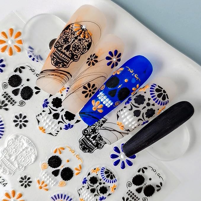 2 Sheets Halloween Skull Nail Stickers for Nail Art, 5D Embossed Black Orange White Nail Design Skull Nail Decals Skeleton Flowers Acrylic Nail Art Stickers Halloween Self-Adhesive Nail Art Supplies