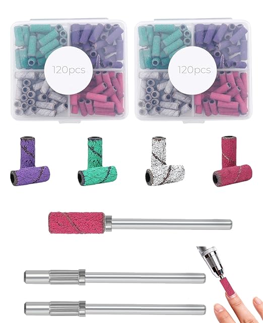 242PCS Fine Grit Sanding Bands for Nail Drill Set, 80/120/180/240 Grit Bits with 3 Mm Mandrel Bit for Acrylic Nails Gel Manicures and Pedicure