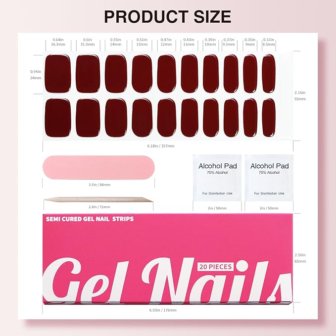 Semi Cured Gel Nail Strips, 20 PCS Gel Nail Stickers Work with UV Light, Gel Nail Wraps, Salon Quality & Easy to Use - Sultry Cinders