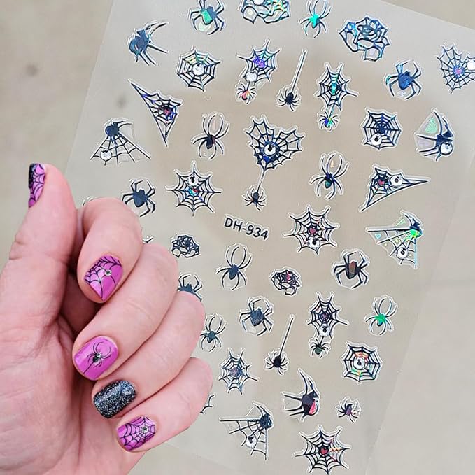 2 Sheets Halloween Nail Stickers Self Adhesive Spider Web Nail Art Stickers 5D Spider Rhinestones Nail Decals Gothic Halloween Nails Design DIY Holiday Manicure Supplies for Women Nails Accessories