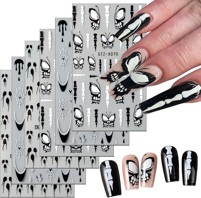 Halloween Nail Art Stickers 3D Self -Adhesive Glitter Powder French Heart Spider Web Nail Decals Holographic Black White Butterfly Wings Ghost Design Nail Stickers Halloween Nail Decoration for Women