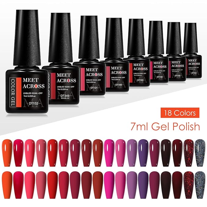 MEET ACROSS 18pcs Gel Nail Polish Set Soak Off UV LED Lamp Gel Nail Polish Kit (SET-2, 18pcs)