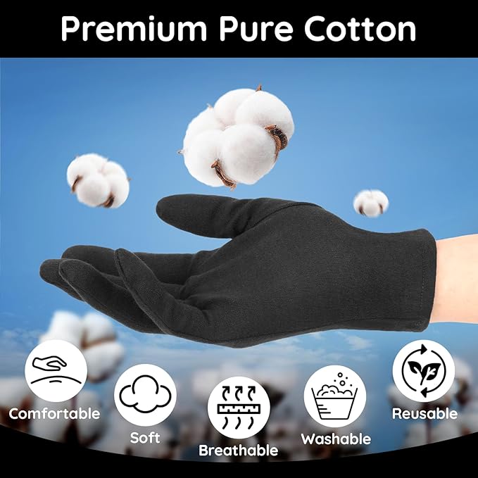 Segbeauty 24 Counts Black Moisturizing Hand Gloves for Men, 12 Pairs Cotton Gloves for Dry Hands Overnight, Sleeping Spa Moisture Glove, Soft Lotion Sleep Glove for Handling Coin Jewelry Extra Large