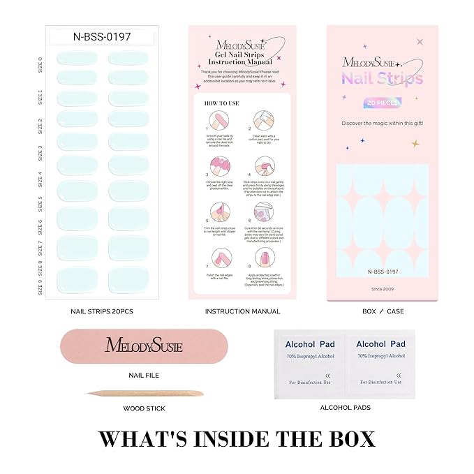 MelodySusie Semi Cured Gel Nail Strips (Light Blue), Works with Nail Lamp, Salon Quality, Long Lasting, Easy to Apply and Remove, Includes 20Pcs, 2 Prep Pads, Nail File and Wooden Stick