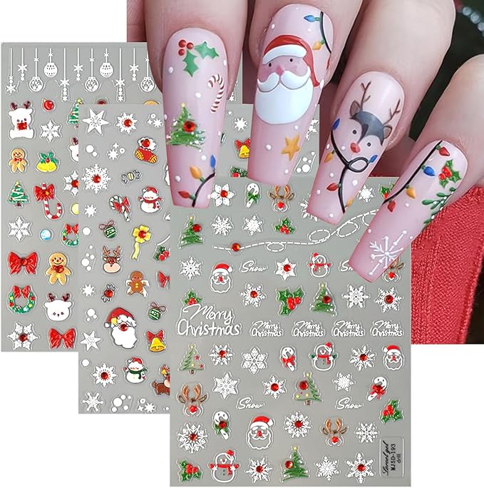 3 Sheets Christmas 5D Embossed Nail Art Stickers - White Snowflake & Santa Claus Nail Decals for Winter