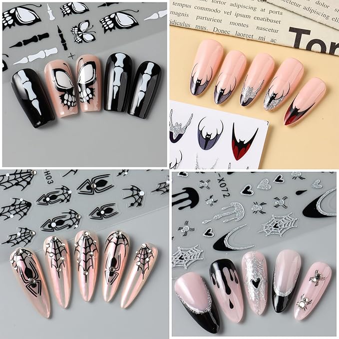 4 Sheets Halloween Nail Decals for Nail Art 3D Spider Web Nail Art Stickers with Diamond Designs Self-Adhesive French Tip Glitter Bat Nail Sticker Skeleton Butterfly Nail Decal for Women Nails Decor