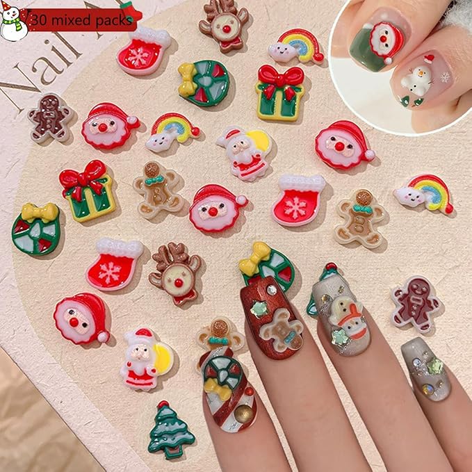 100Pcs Christmas Nail Charms Glow in The Dark 3D Xmas Nail Rhinestone Supply Christmas Tree Socks Santa Claus Gift Elk Nail Art Charms for Women DIY Manicure Winter Holiday Nails Decoration Supply