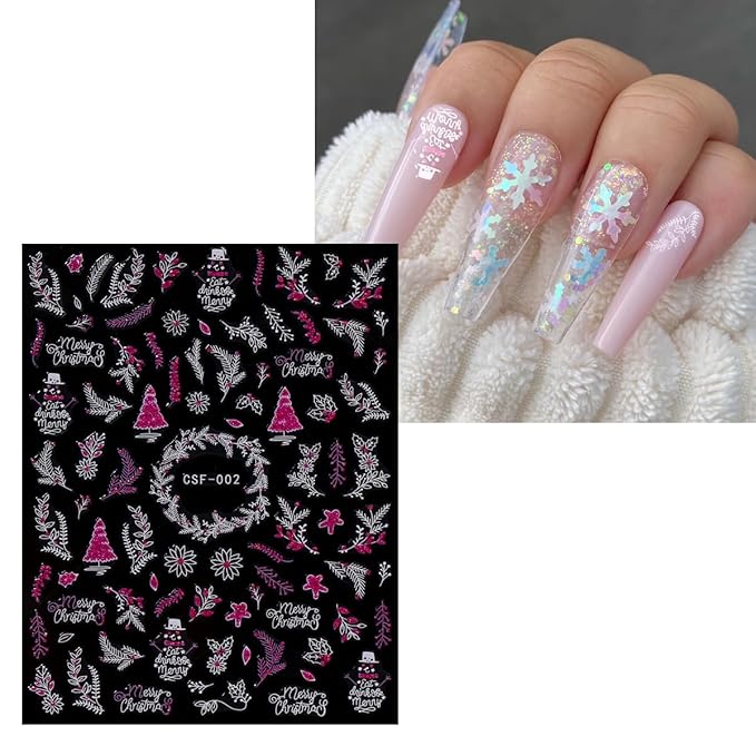 JMEOWIO 9 Sheets Christmas Pink Glitter Nail Art Stickers Decals Self-Adhesive Snowflake Winter Holiday Nail Supplies Nail Art Design Decoration Accessories