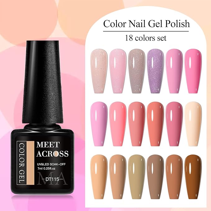 MEET ACROSS 18pcs Gel Nail Polish Set Soak Off UV LED Lamp Gel Nail Polish Kit (SET-12, 18pcs)