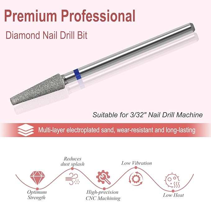 Diamond Safety Nail Drill Bits Round Top Tapered Electric Nail Drill File Cuticle Cleaner Tool for Acrylic Nails Rotary Nail Drill Machine Manicure Pedicure Polishing (Medium)