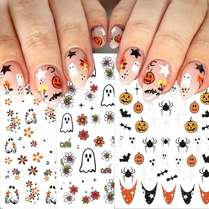 6 Sheets Halloween Nail Stickers Cute Ghost Pumpkin Nail Decals 3D Self-Adhesive Star Spider Bat Flowers Nails Stickers Fall Halloween Nails Art Supplies for Women Holiday DIY Manicure Decorations