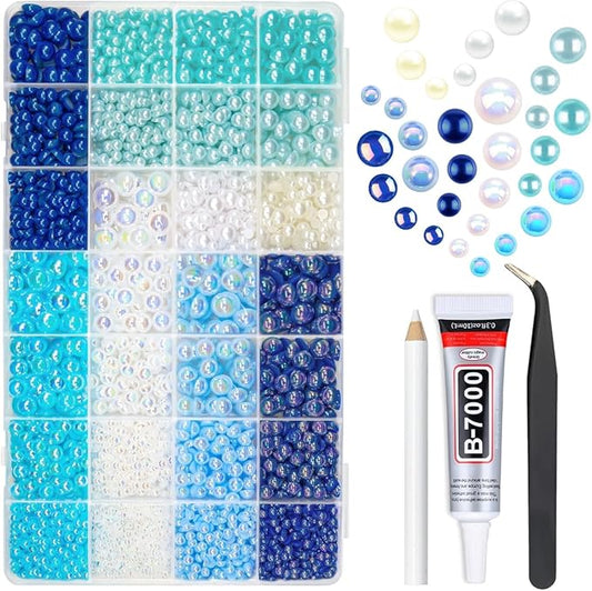 28 Types Blue Flatback Pearls w B7000 Jewelry Glue for Bedazzling Crafting 3mm 4mm 5mm 6mm 8mm 10mm Flatback Colorful AB Half Pearls Charms for Nails Face Eyes Makeup Crafts Tumblers Bottles