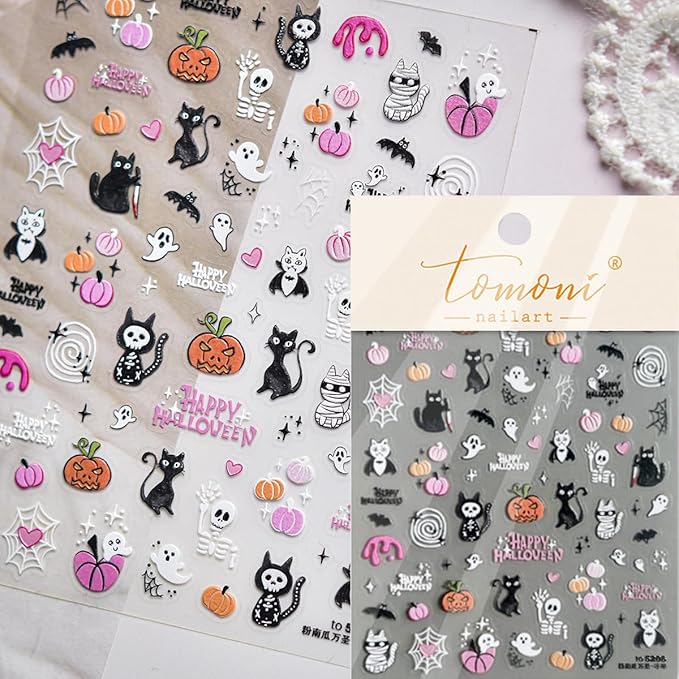 Halloween Nail Stickers for Nail Art 5D Embossed Halloween Ghost Nail Art Stickers Gothic Nails Designs Spider Web Pumpkin Bloody Cat Nails Supplies for Women Holiday DIY Manicure Decorations