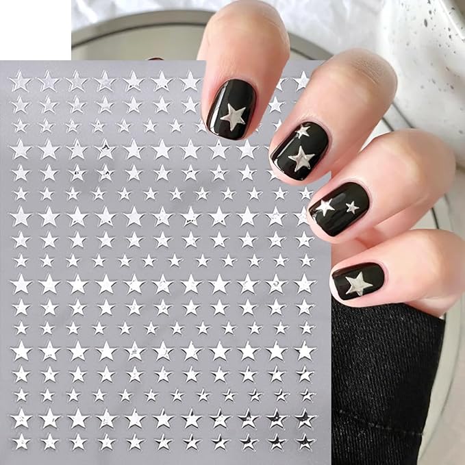 6 Sheets Star Nail Art Stickers Black Gold Silver Nail Decals with Silver Glitter Rhinestones Design 3D Self Adhesive Cute Star Nail Design Stickers Spring Nail Decor for Women Manicure Supplies