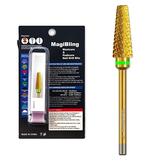 Super Cut 5 In 1 Nail Drill Bits，Tapered 3/32'' Safety Tungsten Bits, Upward Cut for Hard Gel Removal, Right Hand Use, Manicure Cuticle Gel Polishing, Technicians Bits, Gold, Coarse.