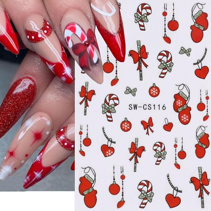Christmas Nail Stickers Christmas Tree Nail Decals Bow Gift Crutch Nail Art Sticker Green Bow Gift Snowman Light Ball Design Heart Nail Stickers for Nail Art for Women DIY Holiday Manicure 6 Sheets