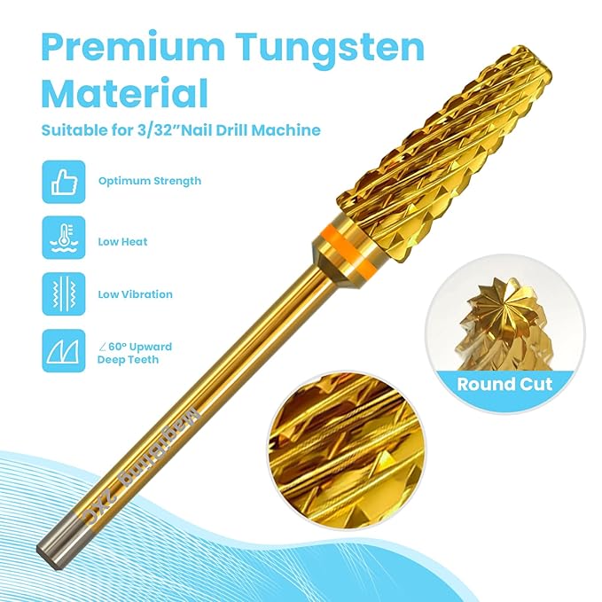 Super Cut 5 In 1 Nail Drill Bits，Tapered 3/32'' Safety Tungsten Bits, Upward Cut for Hard Gel Removal, Right Hand Use, Manicure Cuticle Gel Polishing, Technicians Bits, Gold, Double Coarse.