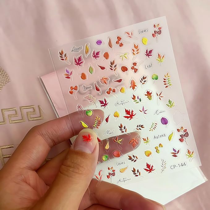 Autumn Nail Art Stickers Fall Maple Leaves Nail Stickers 3D Self-Adhesive Autumn Leaves Nail Sticker Leaf Nails Decals for Women Acrylic Nails Maple Leaf Thanksgiving Holiday Decorations