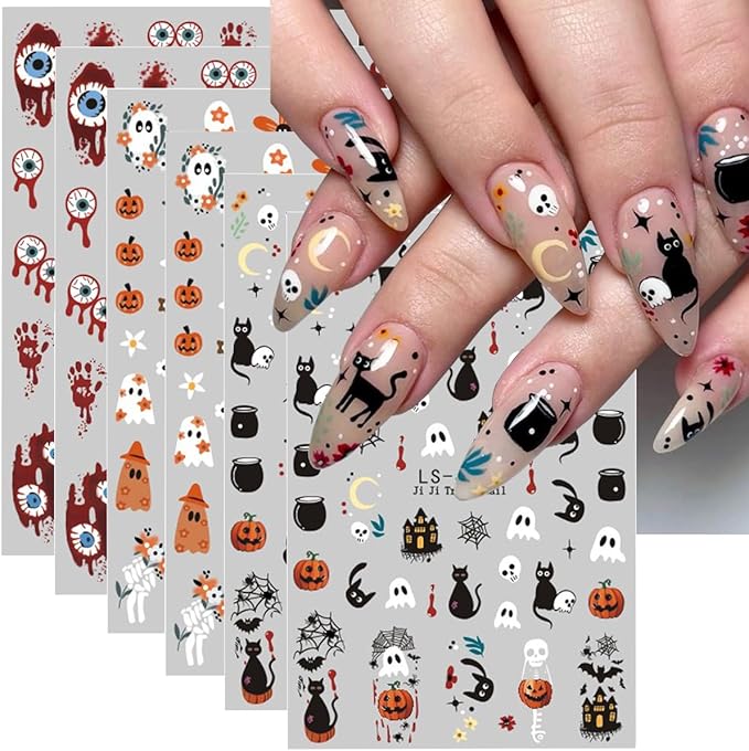 Halloween Nail Art Stickers Flower Ghost Pumpkin Nail Decals 6PCS Black Cat Blood Eye Ball Palm Cartoon Design 3D Self-Adhesive Halloween Stickers Manicure Supply for Women DIY Nail Art Decorations