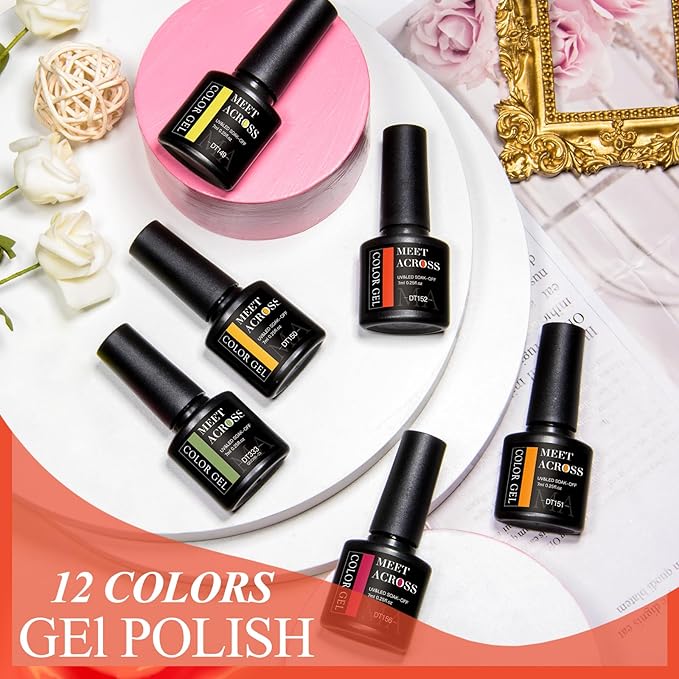 MEET ACROSS 12pcs Gel Nail Polish Set,Soak Off UV LED Lamp Gel Nail Polish Kit,Fashion Shimmer Nail Art Design Gifts for Women Manicure Salon (Brown Series)
