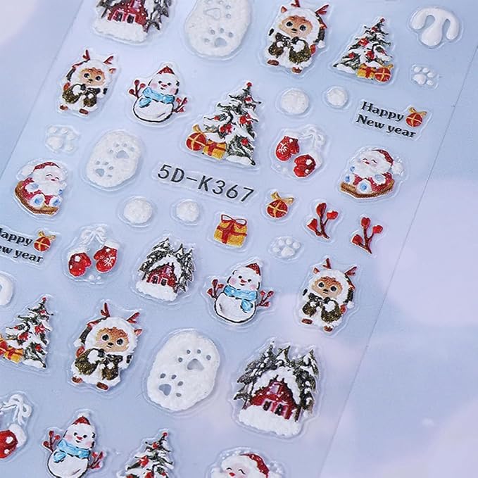Christmas Nail Stickers 5D Embossed Snowman Elk Nail Art Stickers Xmas Holiday Nail Decals Self-Adhesive Deer Snow Santa Claus Design Sticker Nail Decoration for Women Manicure Accessories 2Pcs