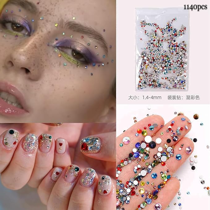 Colorful Rhinestones Nail Art Charm 3D Mini Small Diamond Flat Back Nail Charm Rhinestones Rounded Nail Diamonds Crystal Flatback Nail Gems Bling Nail Jewelry Manicure Decoration Accessories 1440Pcs
