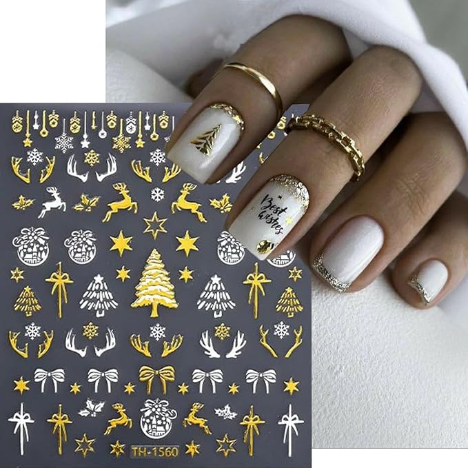 3D Christmas Nail Stickers for Nail Art, Gold Self-Adhesive Christmas Nail Art Stickers Decals 6PCS Deer Snowflake Crystal Ball Bow Tree Snowman Xmas Nails Design Holiday Manicure Supplies for Women