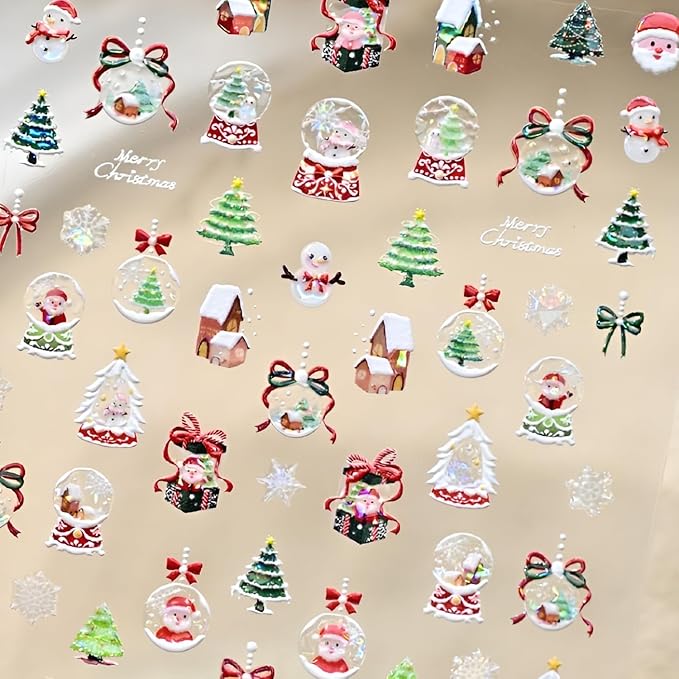 Christmas Nail Stickers 5D Self-Adhesive Winter Nail Art Sticker Snowman Snowflakes Nail Decals Christmas Crystal Ball Nail Design Xmas Tree Nail Art Decoration for Women and Girls